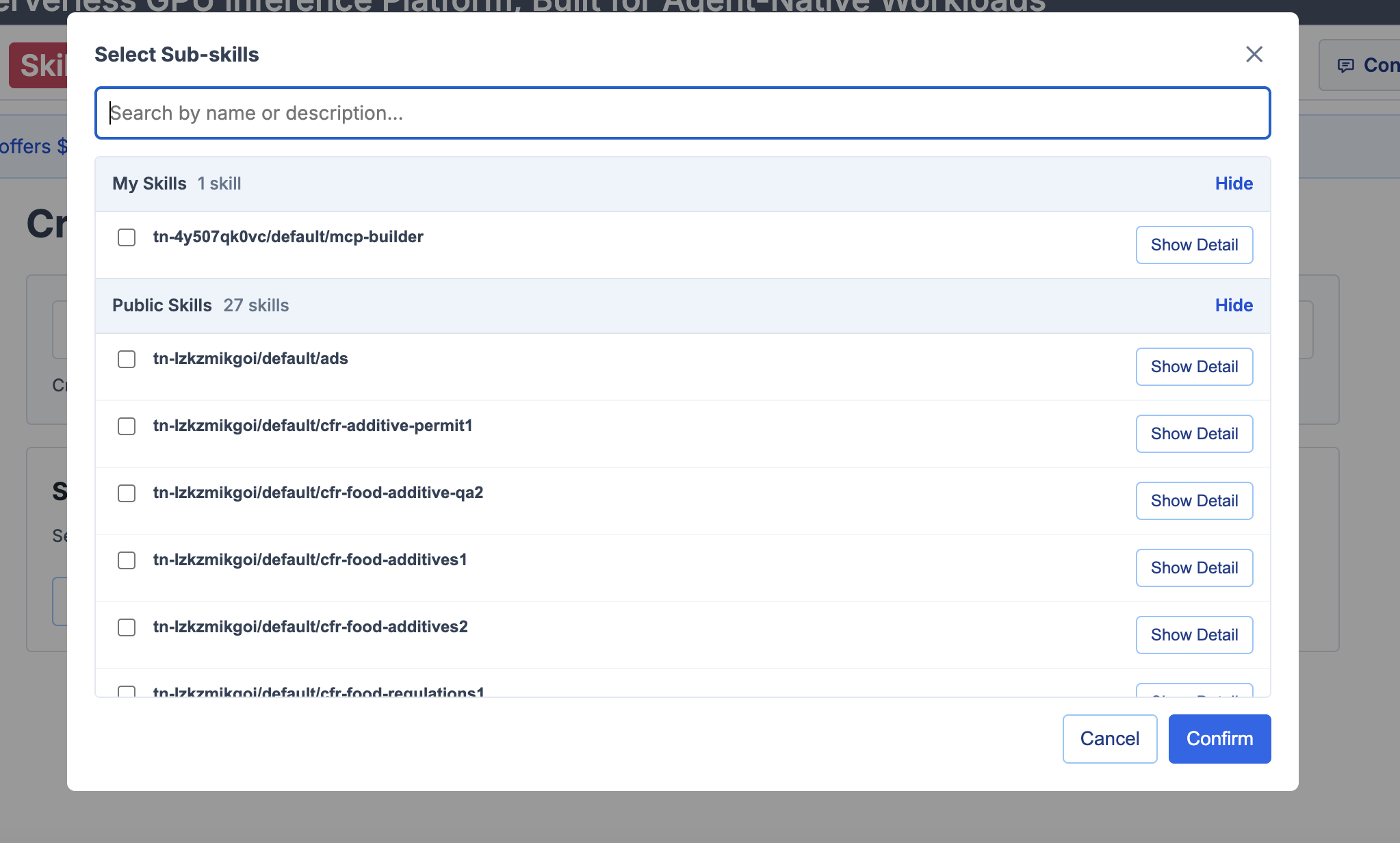 Select Sub-skills modal